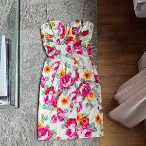 Cache Strapless Dress with Pink and Yellow Floral Design